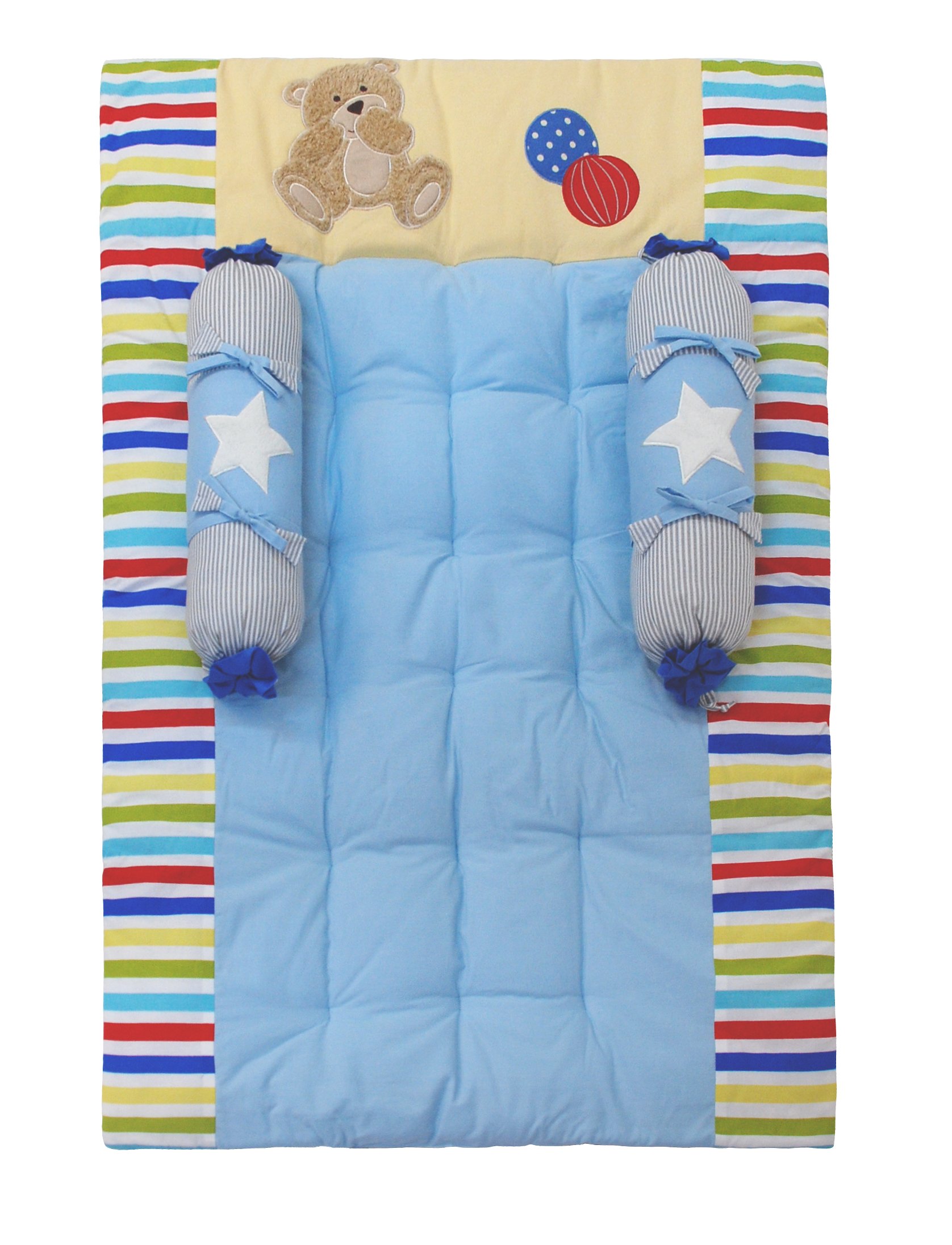 abracadabra Gadda/Mattress Set with 2 Bolsters Made in Soft Premium Luxurious Cotton for Newborns & Infants, Soft Comfortable Base, 3 Pieces, 0-2 Years (Teddy Love) - Blue