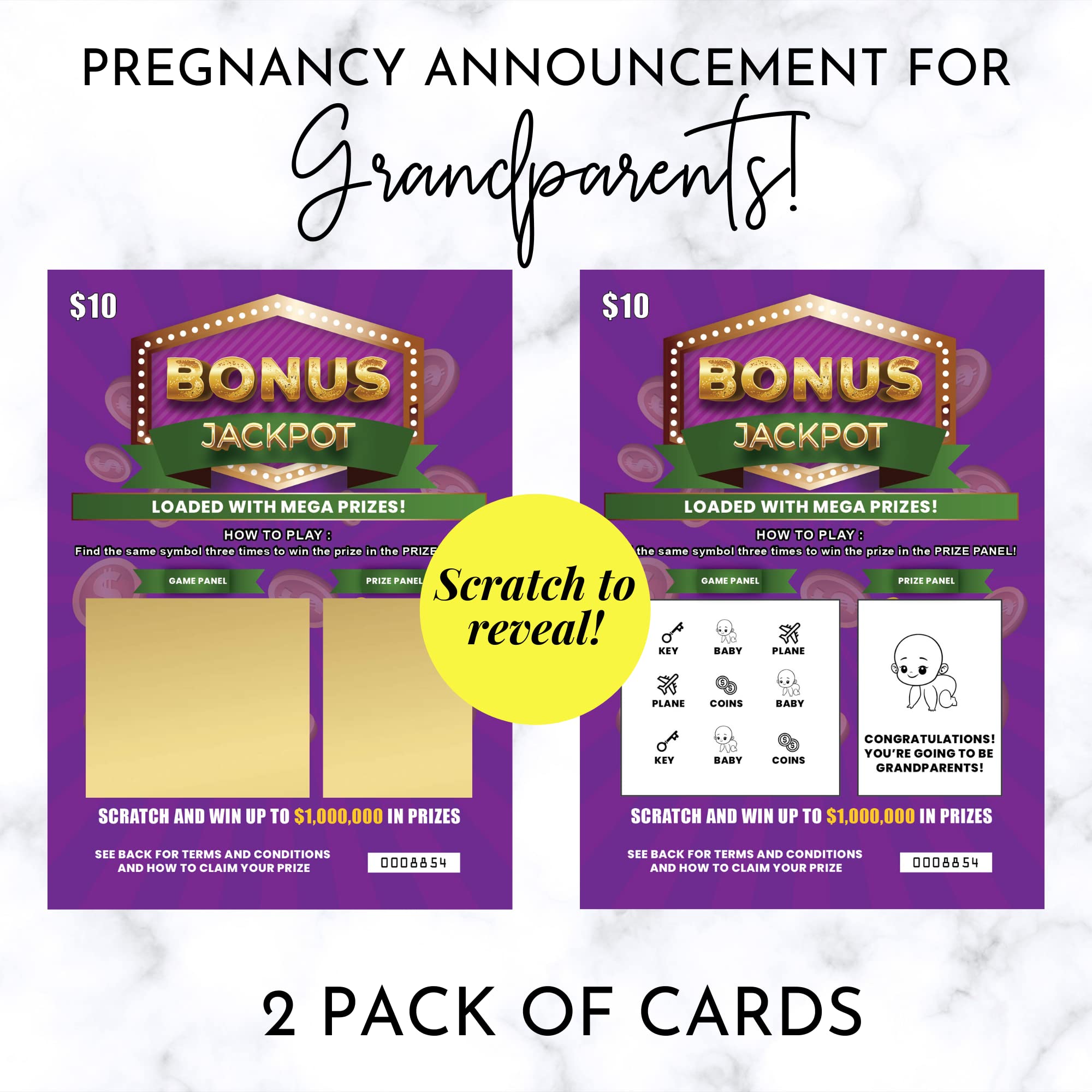 Grandparents Baby Announcement Scratch Off Lottery Tickets, 2 Pack with Envelopes, Multicolor