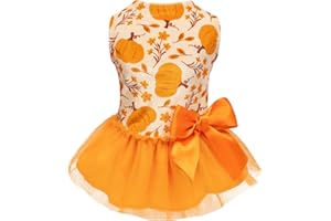 Fitwarm Pumpkin Flower Dog Dress, Thanksgiving Outfit for Small Dogs Girl, Fall Pet Outfit, Beige, Orange, Medium