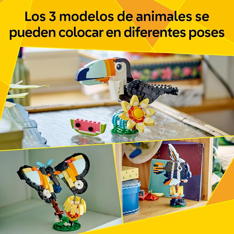 Criador 3 em 1 Vida Selvagem: Tucano Tropical com Flor - Animal de brincar Transformável em Figura Borboleta ou Peixe Tropical - Presente Criativo para Rapazes e Raparigas 7+ Anos 31173
