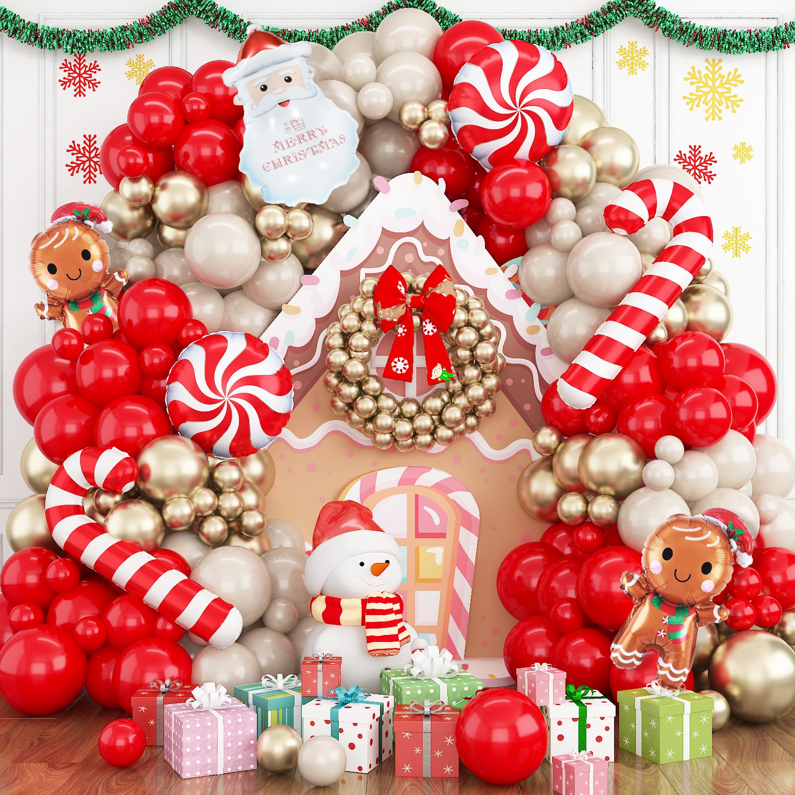 Merry Christmas Balloon Arch Garland Kit, 127Pcs Red Sand White Gold Xmas Balloons with Gingerbread Man Santa Claus Candy Cane Foil Balloons for Christmas Holiday Winter New Year Party Decorations