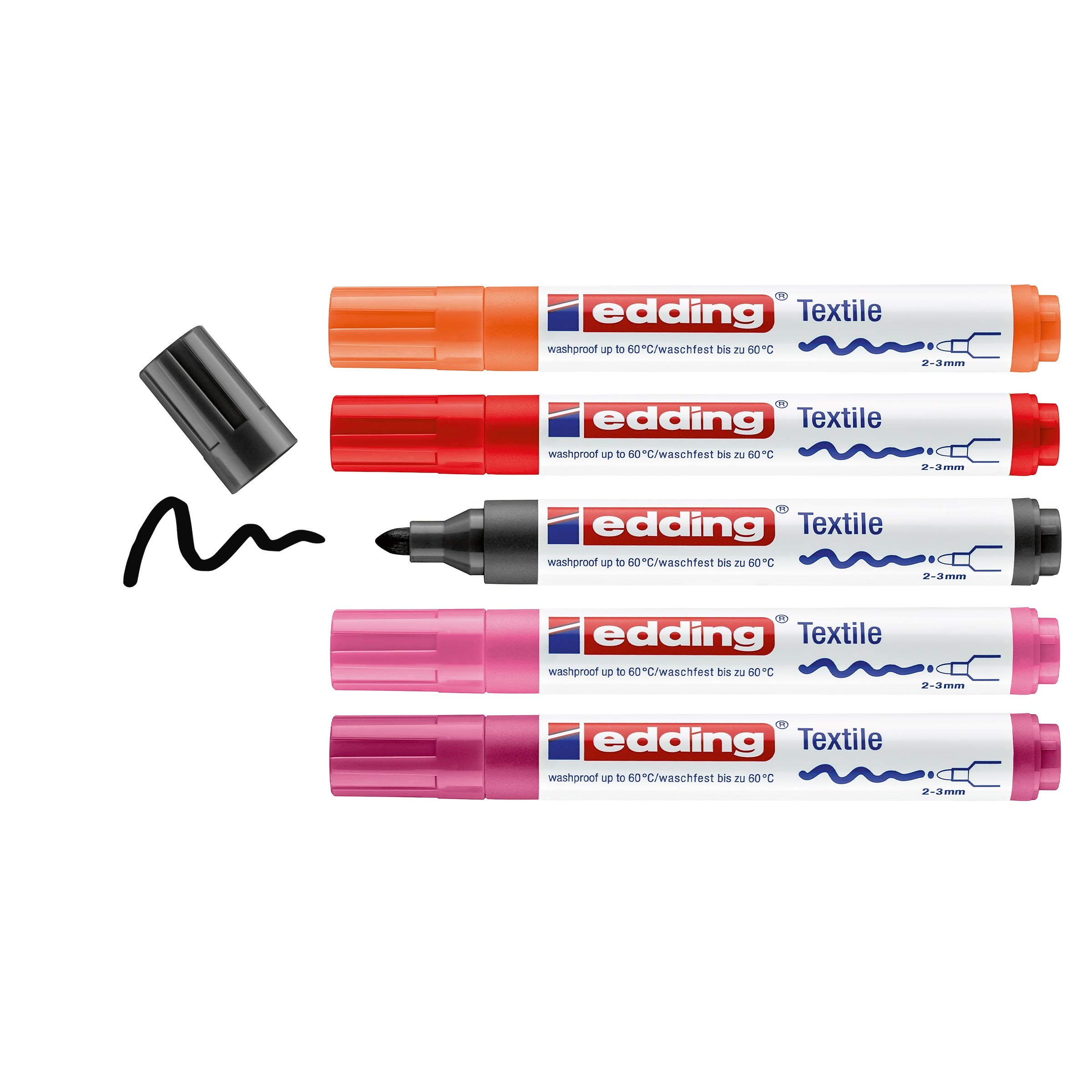 edding 4500 textile marker - black, 2x red, orange, pink - set of 5 - round nib 2-3 mm - permanent fabric markers for drawing on textiles, wash-resistant up to 60°C - marker pens for fabric lettering