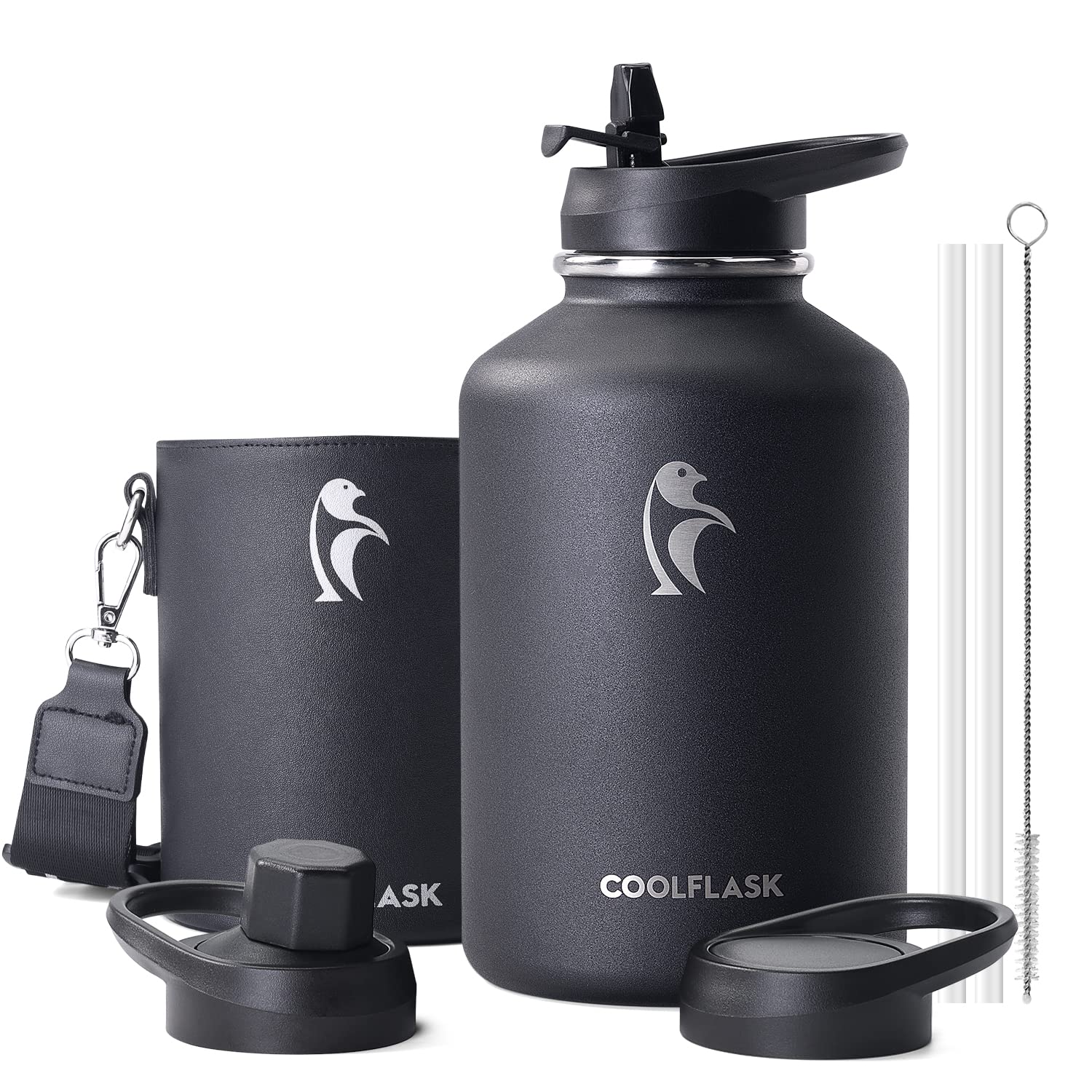 Coolflask 2L Water Bottle Stainless Steel with PU Leather Sleeve, Half Gallon Insulated Water Bottles with Straw Lids, Stainless Steel Metal Large Water Jug, Keep Cold 48h Hot 24h, Polar Black