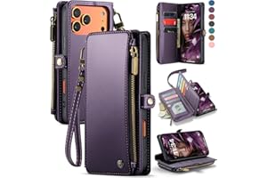 Defencase Compatible with iPhone 17 Pro Case Wallet with RFID Blocking Card Holder for Women Men, Fashion PU Leather Magnetic Snap Flip Zipper Strap Wallet Phone Case for iPhone 17 Pro 6.3", Purple