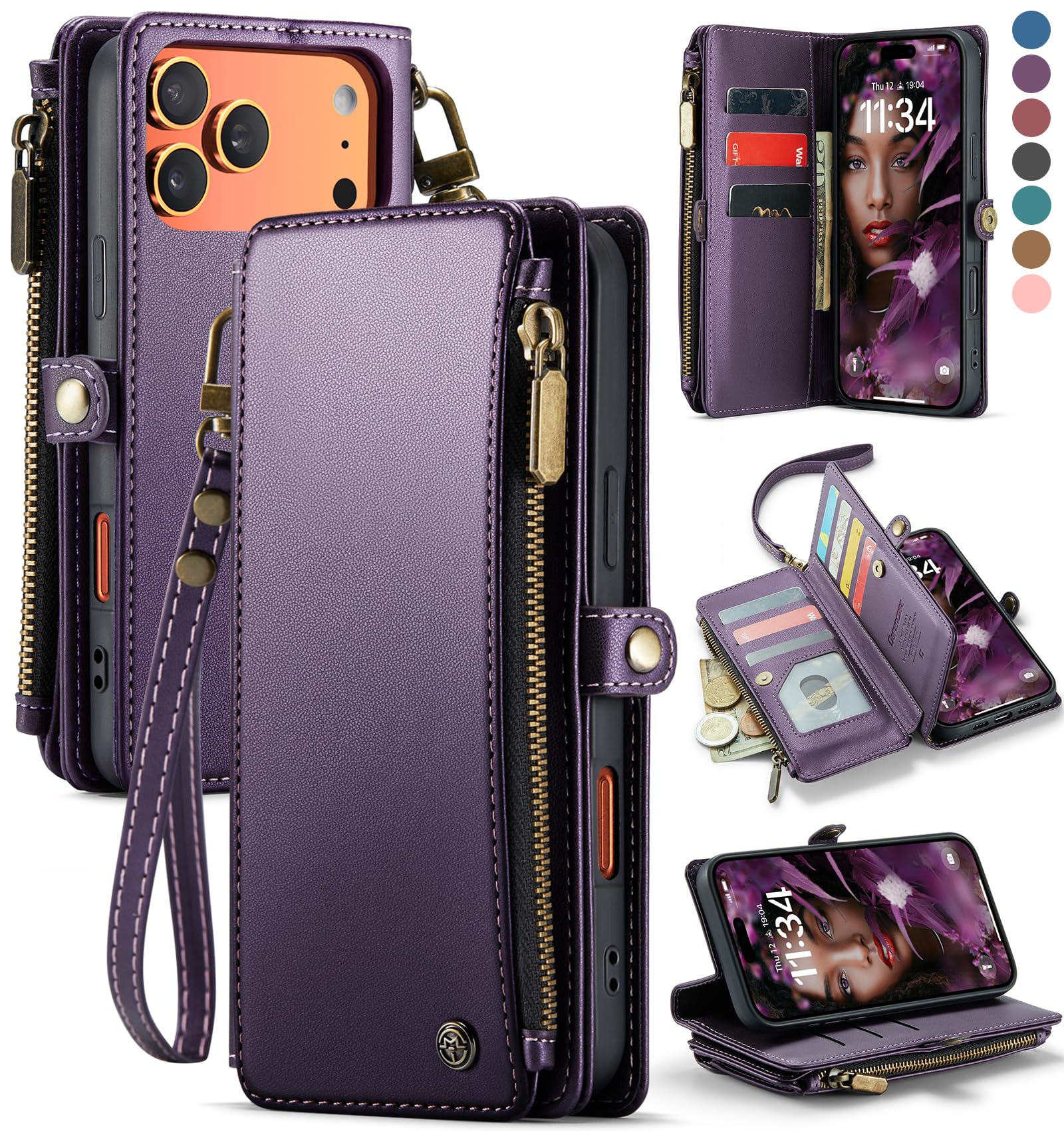 Defencase for iPhone 17 Pro Max Case Wallet with RFID Blocking Card Holder for Women and Men, Fashion PU Leather Magnetic Snap Flip Zipper Strap Wallet Phone Case for iPhone 17 Pro Max 6.9", Purple
