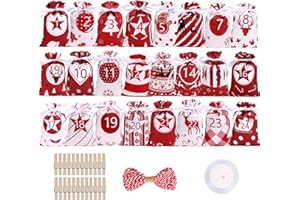 NIKDUCK Christmas candy decoration bag Christmas Advent Calendar 2023, 24 Days Hanging Advent Calendars Garland Candy Gift Bags with Wooden Clips Hemp Rope Drawstring (#5-Red , One Size)