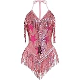 AGYMNX Women Music Festival Rave Fringe Trim Sleeveless Sequins Tassel Bodysuit Country Concert Nightclub Halloween Costume