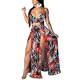 Women Sexy 2 Piece Outfits Dress Chiffon Strap Deep V Neck Bra Crop Top High Split Maxi Dresses Skirt Set