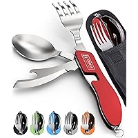Orblue 4-in-1 Camping Utensils, 2-Pack - Portable Stainless Steel Spoon, Fork, Knife & Bottle Opener Combo Set - Travel, Back