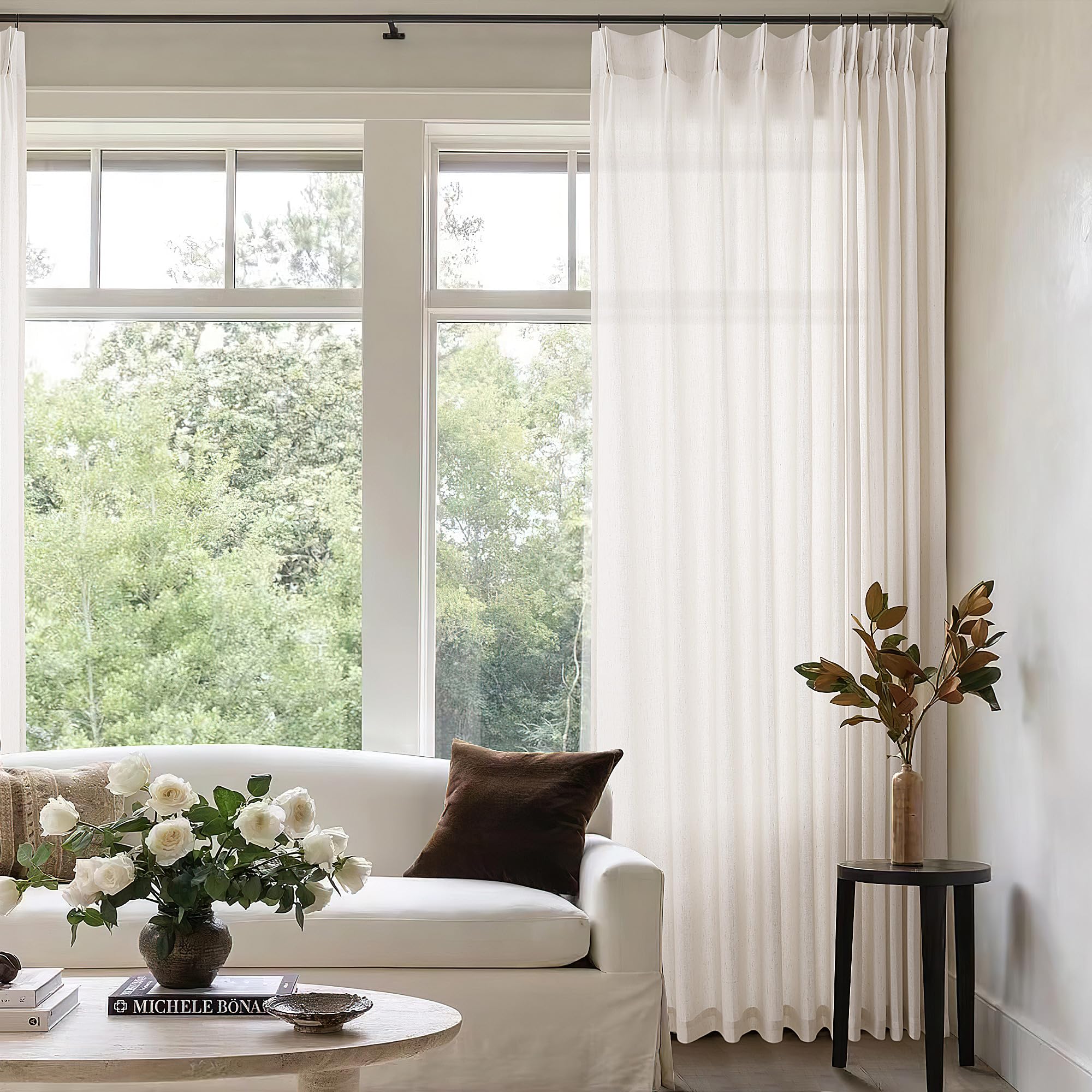 Photo 1 of Pinch Pleated 72 Inch Wide Curtain 90 Inches Long Cream Ivory Sheer Linen Curtain Drapes for Patio Sliding Glass Door with Hooks Rings Semi Sheer Privacy 90 Inch Length Drapes for Living Dining Room
