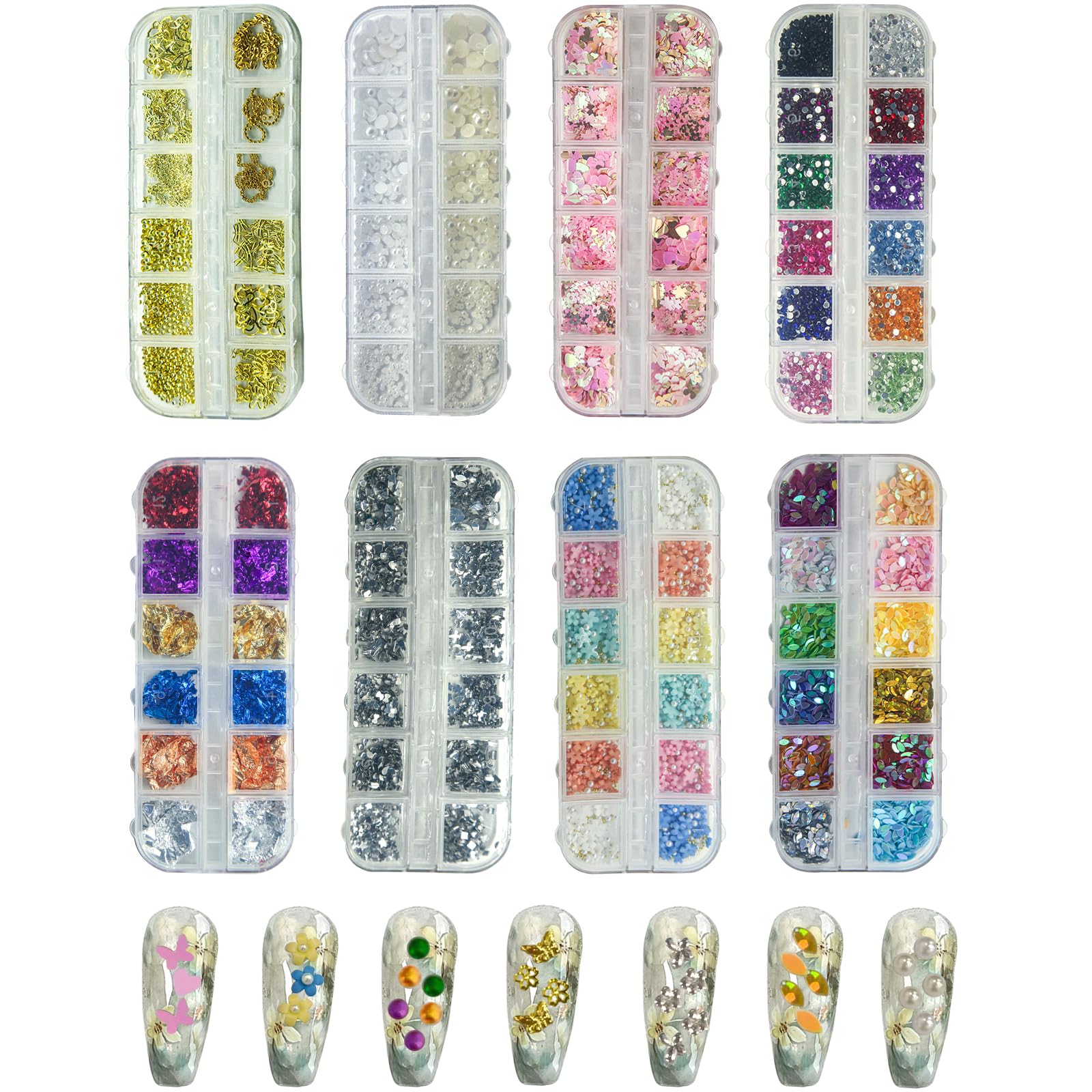 Photo 1 of 8 Boxes 3D Nail Charms Kit Rhinestones Colorful Crystals Clear Multi Shape Half Round Pearls Butterfly Diamond White Pink Craft Supplies DIY Accessories