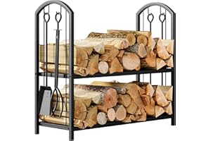 Fire Beauty Fireplace Firewood Log Rack 5-Piece Storage Logs Holder with Tools Set with 4 Tools Set Fireside Holders Wood Lumber Storage Stacking Black