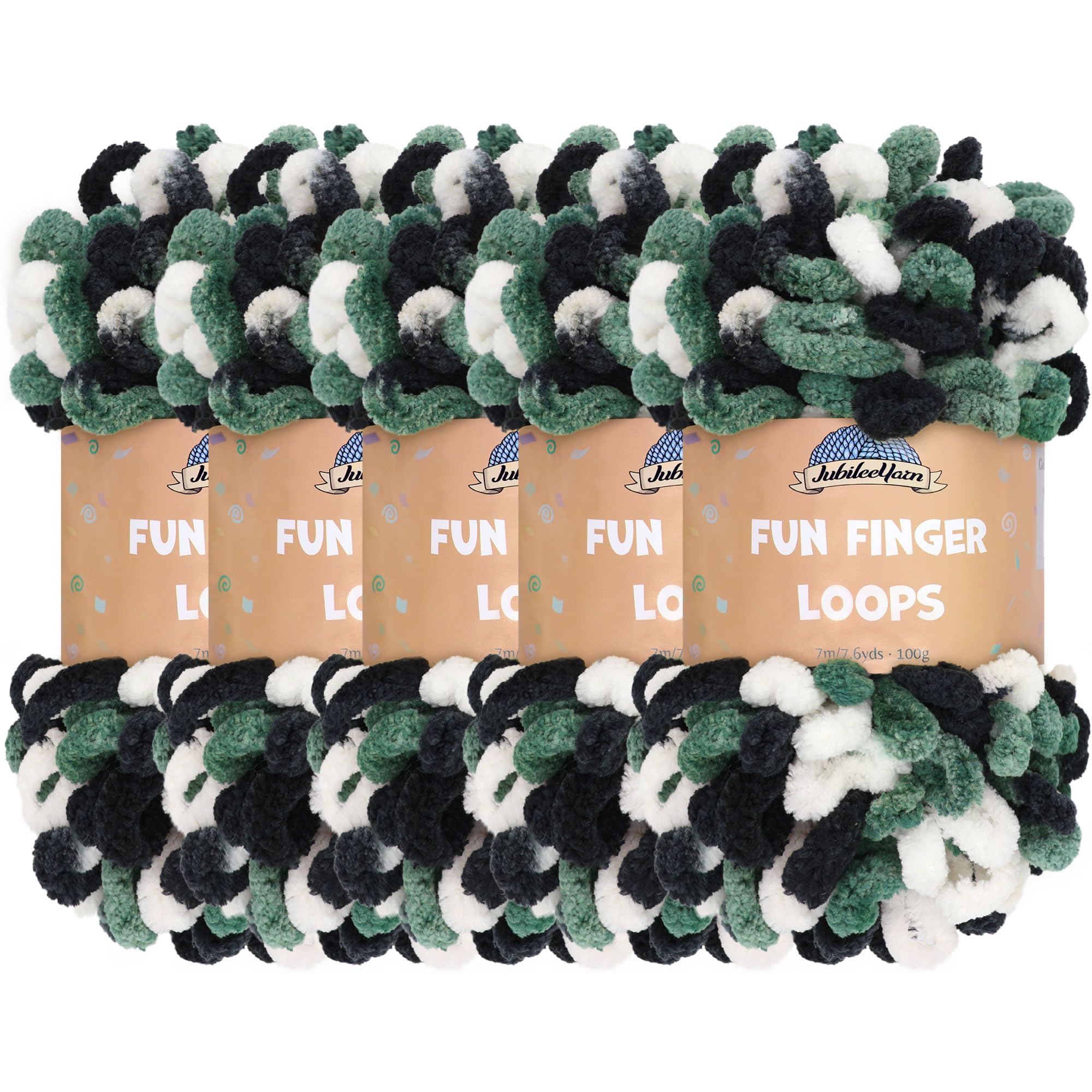 JubileeYarn Fun Finger Loops Yarn - Polyester Jumbo Weight Loop Yarn - 100g/Skein - White Black Green - 5 Skeins — image 1