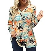 Womens V Neck Hawaiian Shirt Fall Vintage Floral Tropical Printed Tunic Top Long Sleeve Buttons Side Shirts