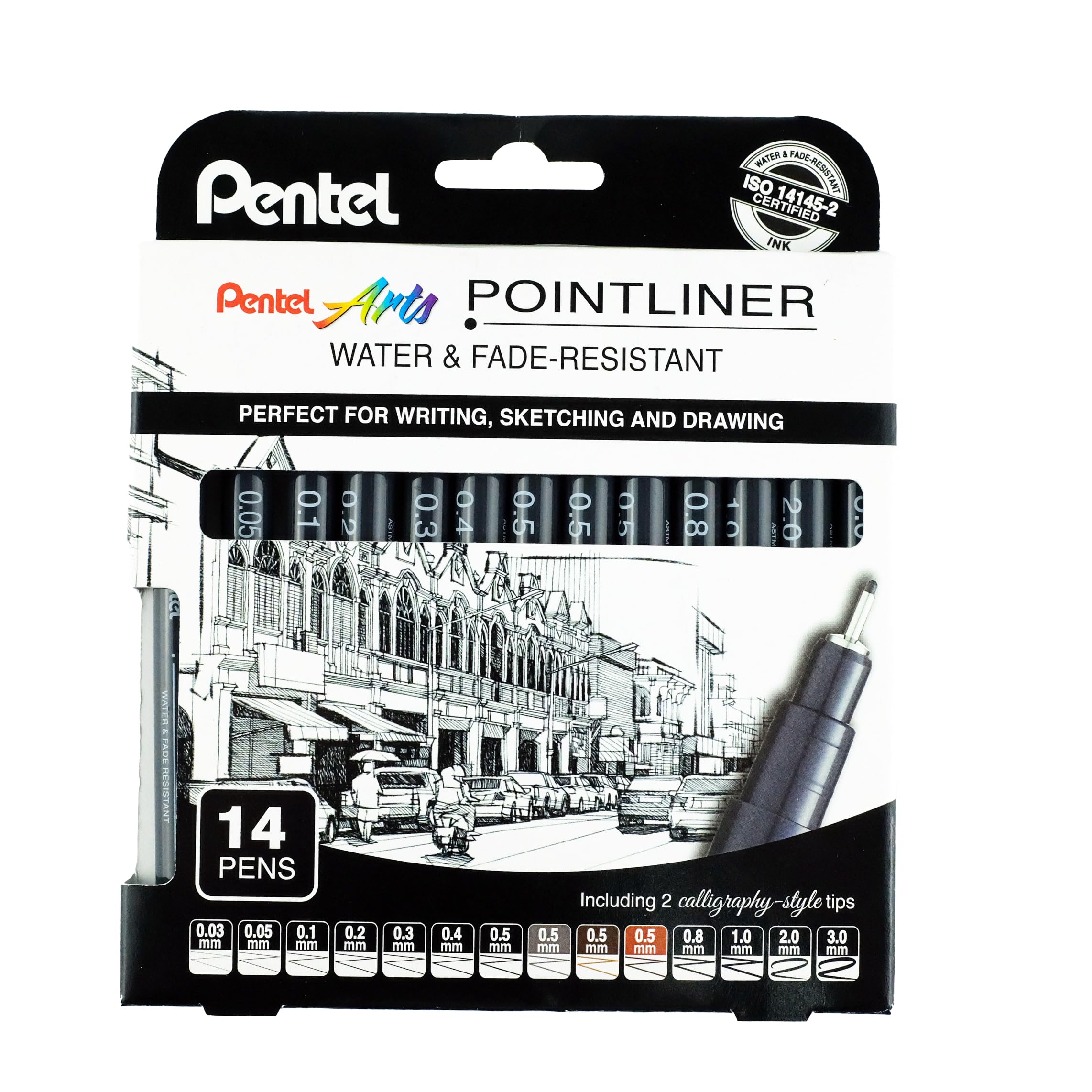 Pentel Pointliner Pigment Liner Technical Drawing Fineliner Pen S20P - 0.03mm to 3.0mm - Black, Sepia, Sanguine & Grey Ink - Pack of 14