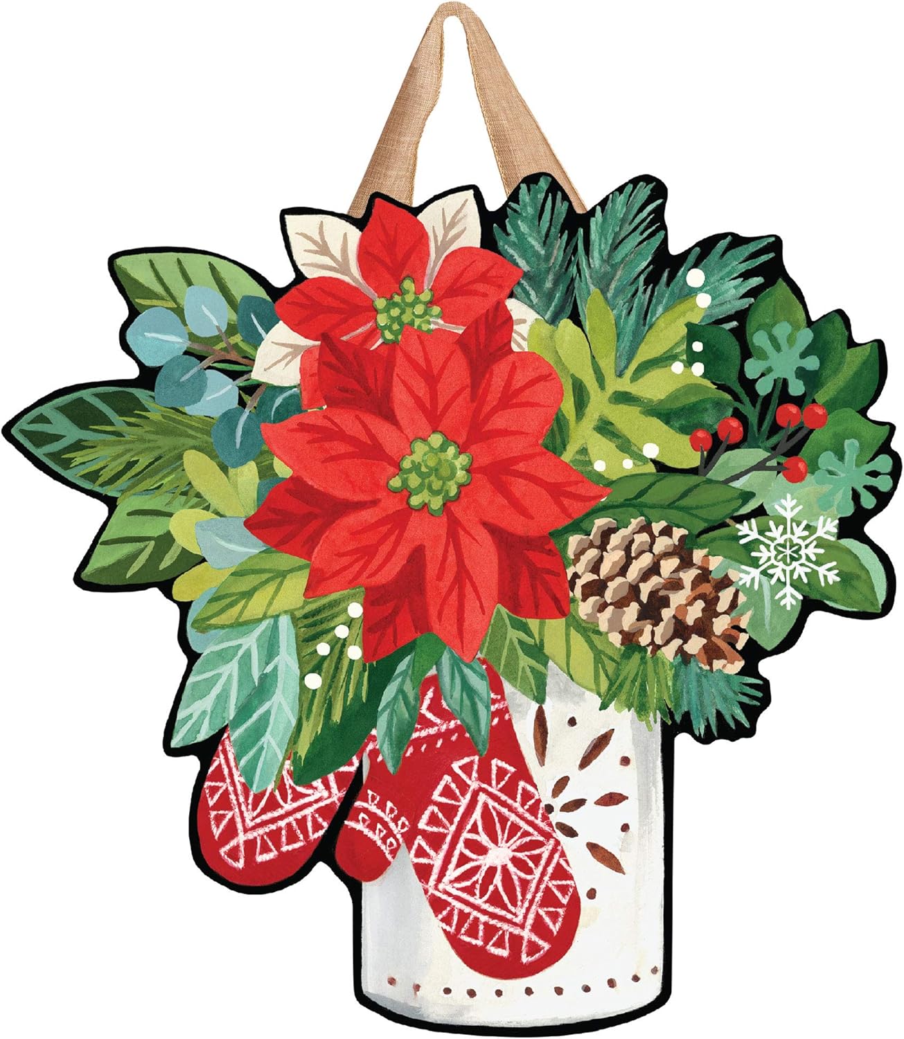 Studio M Scandi Mittens Winter Christmas Door Décor Decorative Front Door Sign with Colorful Ribbon Hanger, Durable Fade Resistant PVC, Made in The USA