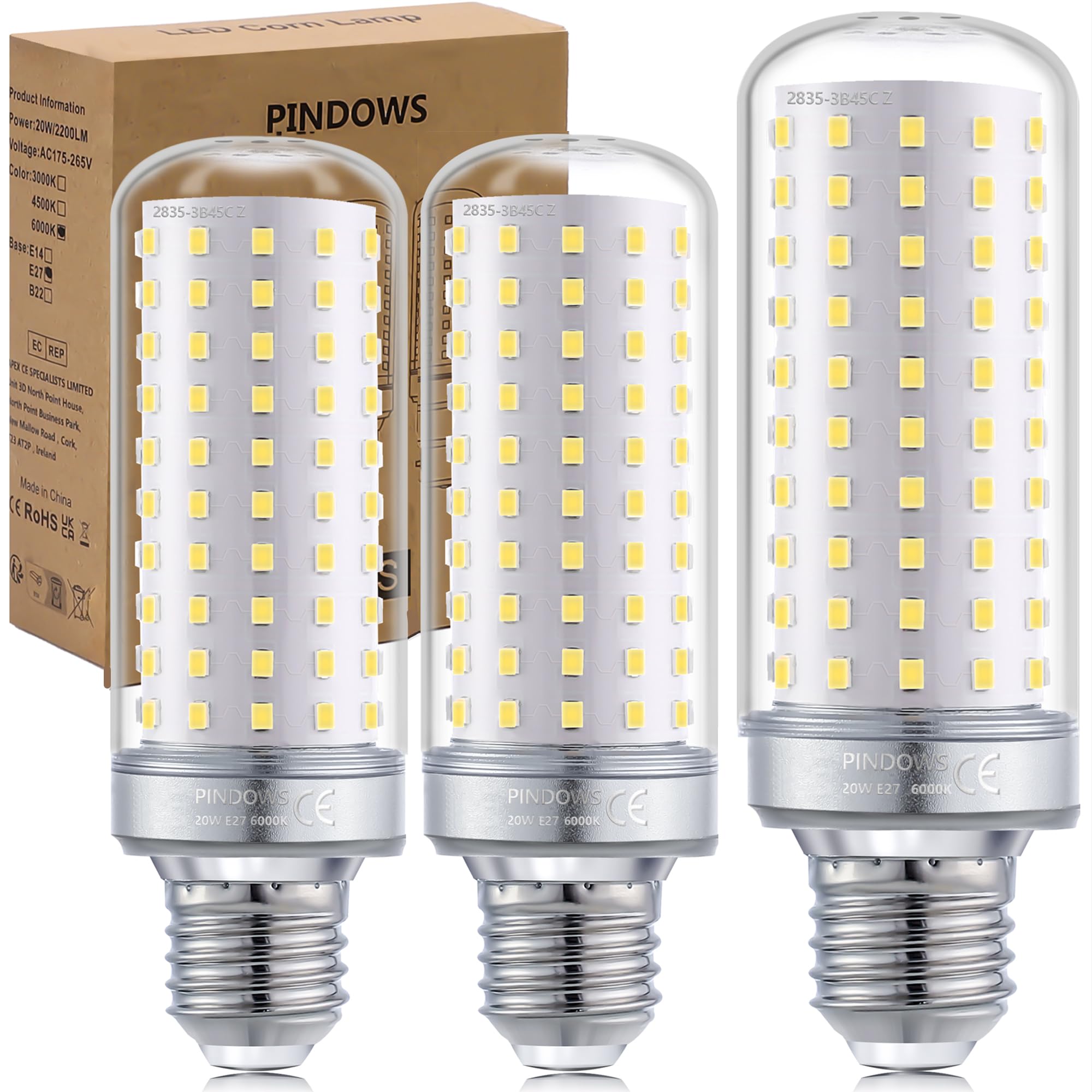 PINDOWS 20W E27 LED Bulbs Cool White 6000K,LED Light Bulbs LED Corn Bulbs 200W Incandescent Bulbs Equivalent,High Bright 2200LM Can Replace 150W~200W Incandescent Light,CRI 85, Non-Dimmable,3-Pack