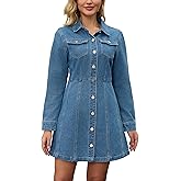 CIMUK Women's Denim Mini Dress Button Down Collared Long Sleeve A-Line Jean Dresses
