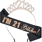 Fenyor7i I’M 21 Bitches Sash and Tiara Set – Funny 21st Birthday Sash and Crown for Women, Rose Gold 21 Tiara Headband, 21st Birthday Decorations & Gifts for Her