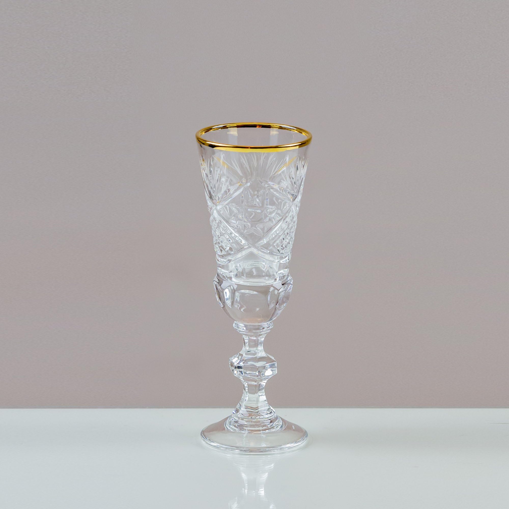 Victoria Crystal Gold Rimmed Sunburst Sherry Glasses 24% CUT LEAD CRYSTAL 100% HANDMADE (SET OF 6)