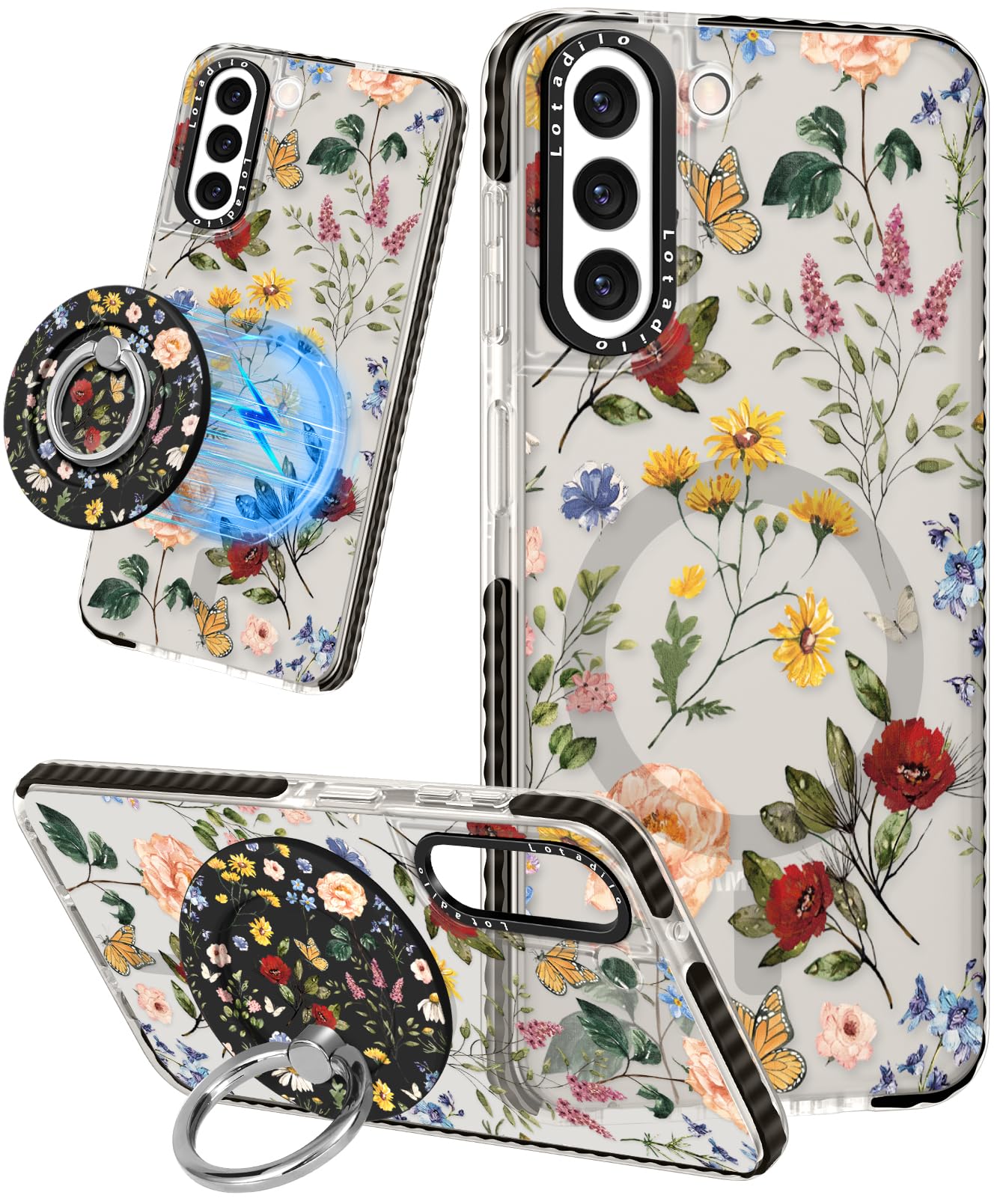Photo 1 of Lotadilo Cute Case for Samsung Galaxy S22 for Women Girls - Funny Design Compatible with Magsafe Magnetic Ring Holder Kickstand Art Retro Flower Fashion Pattern TPU Phone Covers