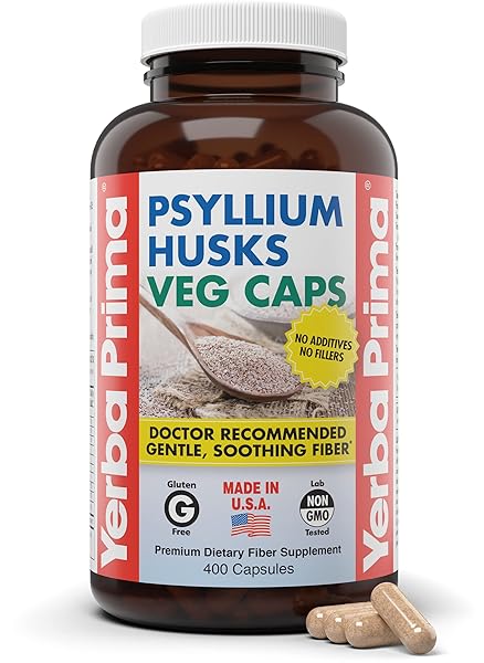 YERBA PRIMA PSYLLIUM HUSKS VEG CAPS, 400 CAPSULES (625MG) – VEGAN, NON-GMO, GLUTEN FREE, COLON CLEANSER, DAILY FIBER SUPPLEMENT FOR GUT HEALTH & REGULARITY