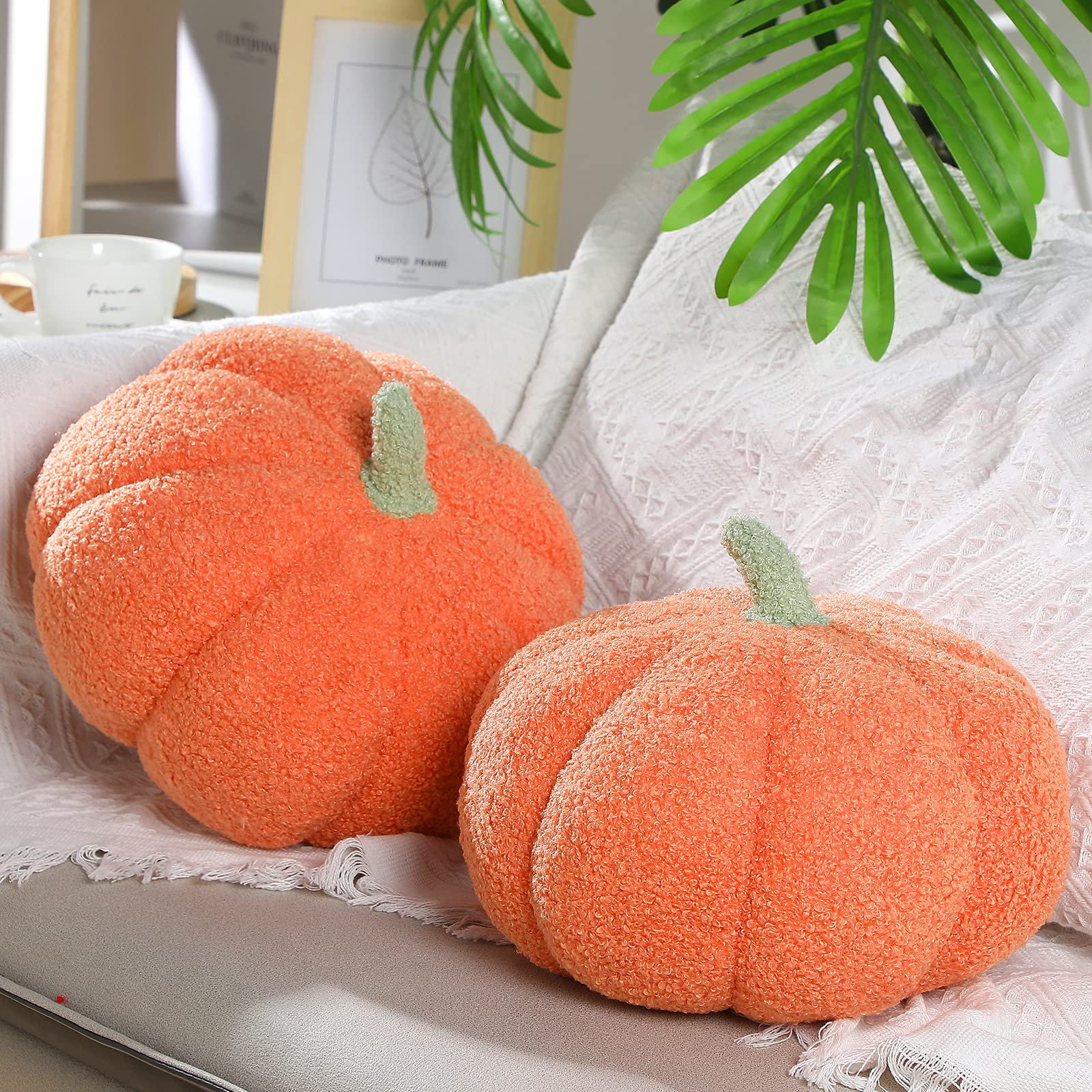 Photo 1 of Queekay 2 Pcs Pumpkin Throw Pillow Cushion 11 x 9.5 Inch Fall Decor Halloween Simulated Pumpkin Sofa Throw Pillow for Autumn Thanksgiving Car Bedroom Home Couch Sofa Decorations(Orange)