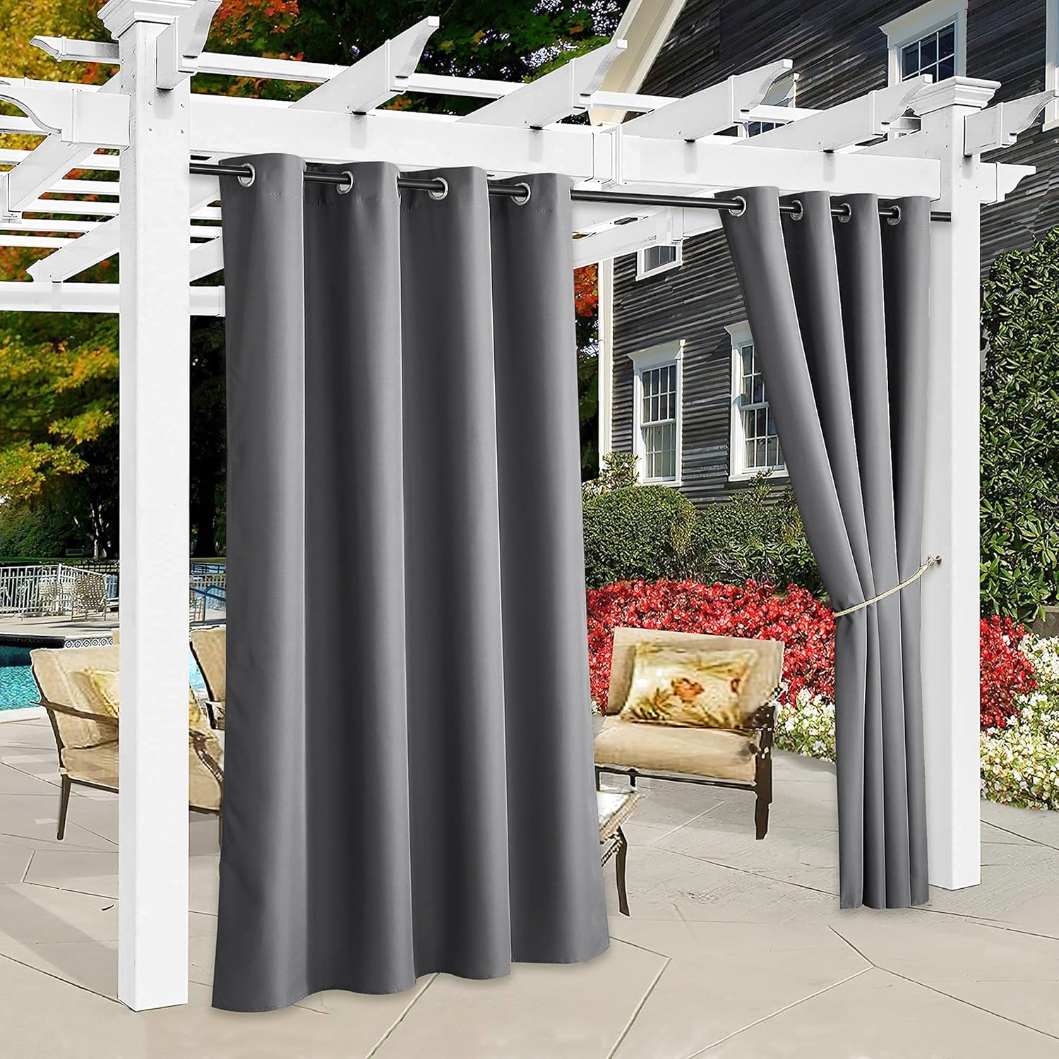 Outdoor Curtains - RYB HOME Outdoor Patio Curtains - Waterproof Energy Saving Drapes Thermal Insulated Sunlight Block Privacy Protection for Porch Balcony Pool Deck Lanai, Grey, W55 x L96 inches, 2 Panels