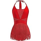 AFAVOM Women Sexy Sequin Fringe Bodysuit Sparkly Tassels Latin Jazz Dance Dress Acrobat Costume Halter Backless Leotard Romper Party Dress Adult Trapeze Artist Rave Festival Outfits Red Medium