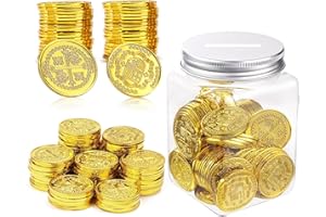 Mczxon Plastic Gold Pirate Coins 100 Count, Pirate Treasure Play Golden Replica Spanish Doubloons Coins with Coin Jar, Small Plastic Play Gold Pirate Tokens Coins Toy for Kids Party