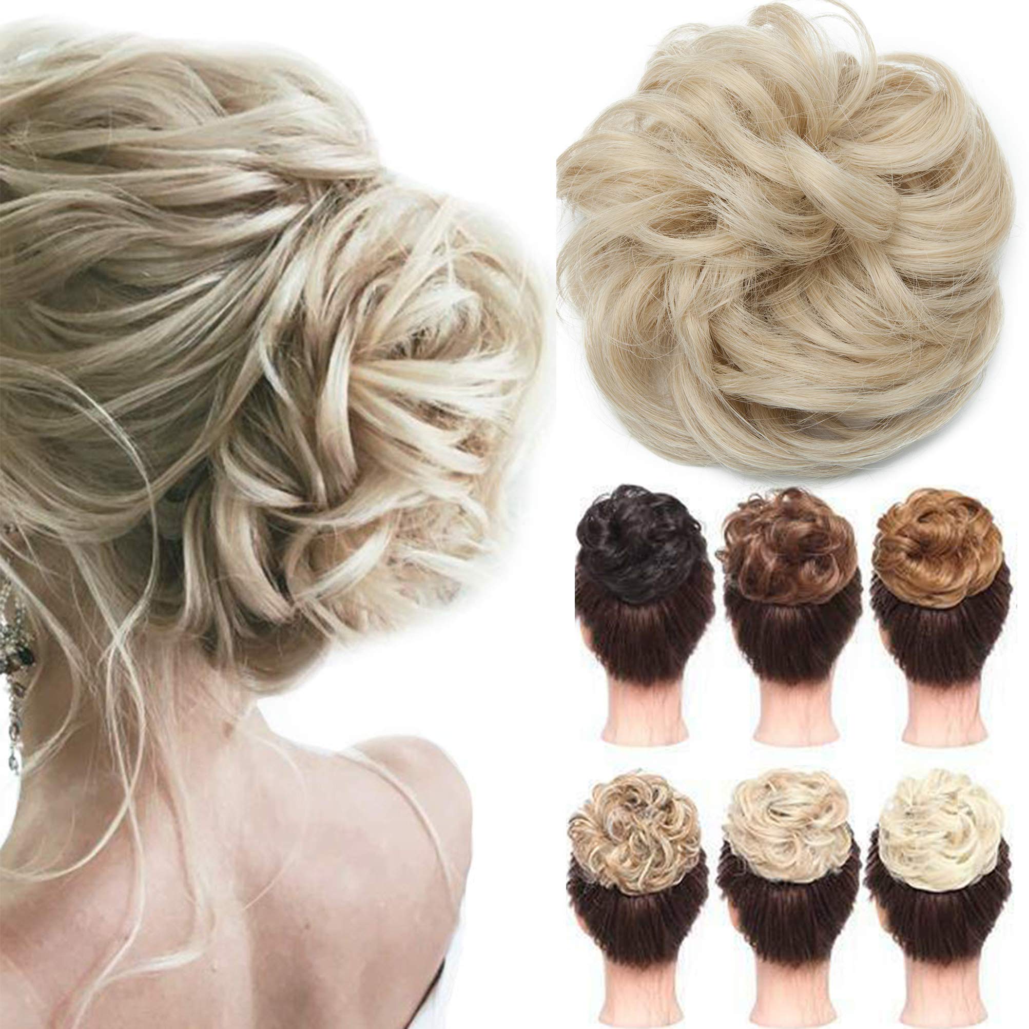 Messy Hair Bun Synthetic Extension Scrunchy Donut Curly Wavy Updo Elastic Scrunchie Thick Full Wedding Hair Pieces Bridal Hairpiece Easy Bun Updos Chignon Ash Blonde mix Bleach Blonde