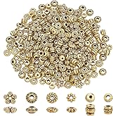 PH PandaHall 300pcs Tibetan Spacer Beads, 6 Style Antique Golden Spacers Alloy Metal Tube Beads Flower Flat Rondelle Small Loose Beads for Bracelet Necklace Earring Jewelry Making Supplies