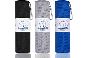 OHIKA Microfiber Fishing Towels with Clip, Waffle Pattern for Effective Cleaning of Fishing Gears or Dirty Hands, 16” x 16”, Camping Towels, Hiking Towels, Pack of 3 (Black/Grey/Blue)