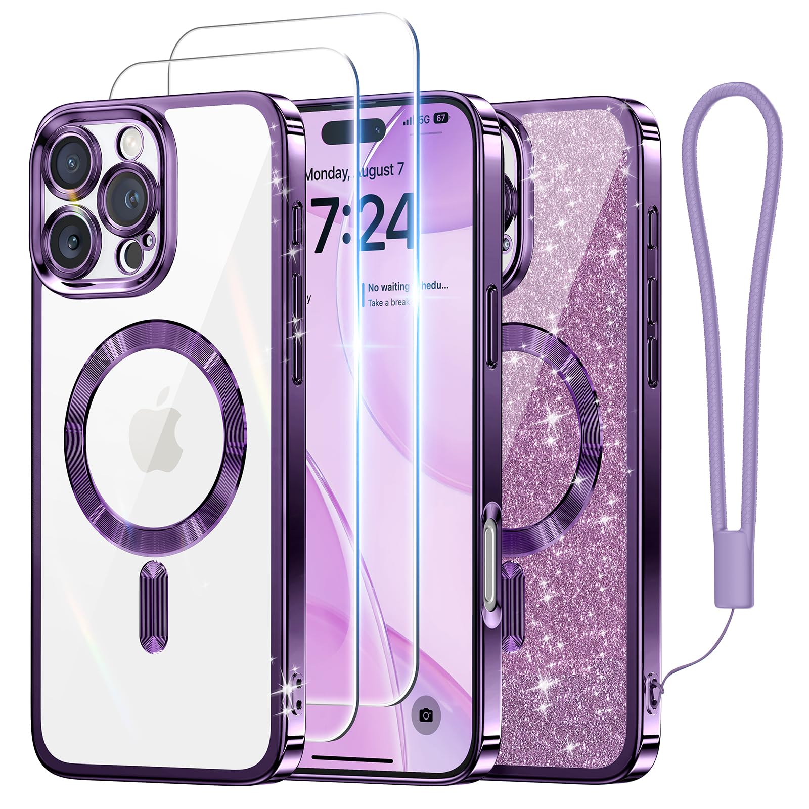 Meifigno Candy Series Case Designed for iPhone 16 Pro, [Compatible with MagSafe] [2X Screen Protectors] [Glitter Card & Wrist Strap] Full Camera Protection Designed for iPhone 16 Pro Case, Purple