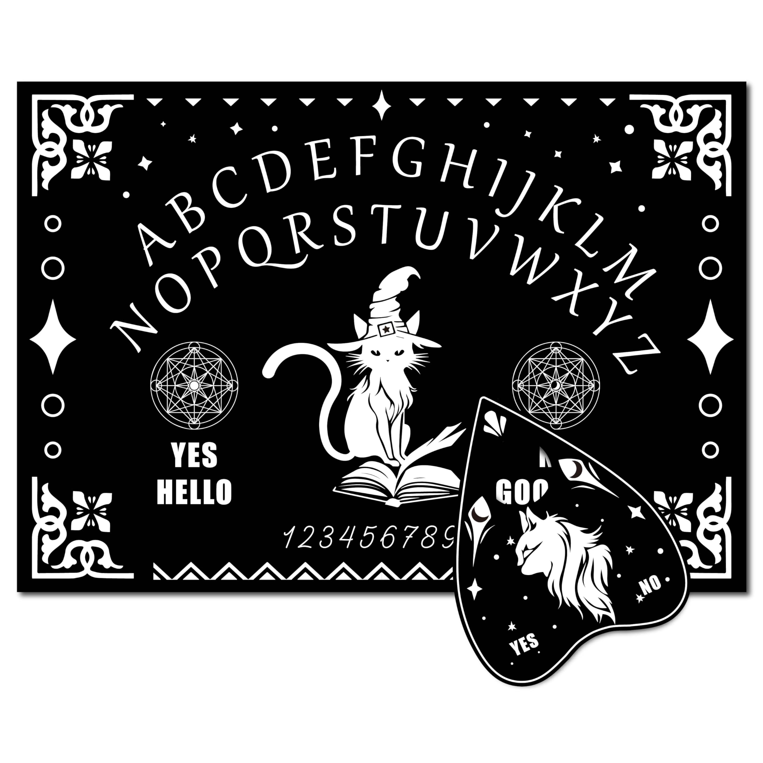 CREATCABIN Cat Wooden Spirit Board Pendulum Board Dowsing Divination Kit Black Wood Talking Board Metaphysical Message Board with Planchette for Wicca Hunt Halloween Party Supplies 11.8X8.3Inch
