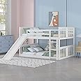 Full Bunk Beds with Slide Full Over Full Low Bunk Bed Frame Wood Floor Bunkbed for Kids Toddlers Boys Girls Teens’ Bedroom Dorm, White