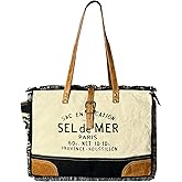 RUSTIC TOWN Canvas Leather Tote Bag for Women - Sel De Mer Upcycled Canvas Shoulder Hobo Travel Handbag Ladies Purse Satchel