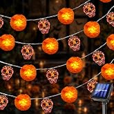 20Ft 30LED Solar Marigold Garland Skull Lights, Day Of The Dead Decor | Artificial Marigold Flowers Sugar Skull String Lights Solar Powered for Día de Los Muertos Altar, Diwali Party Decor