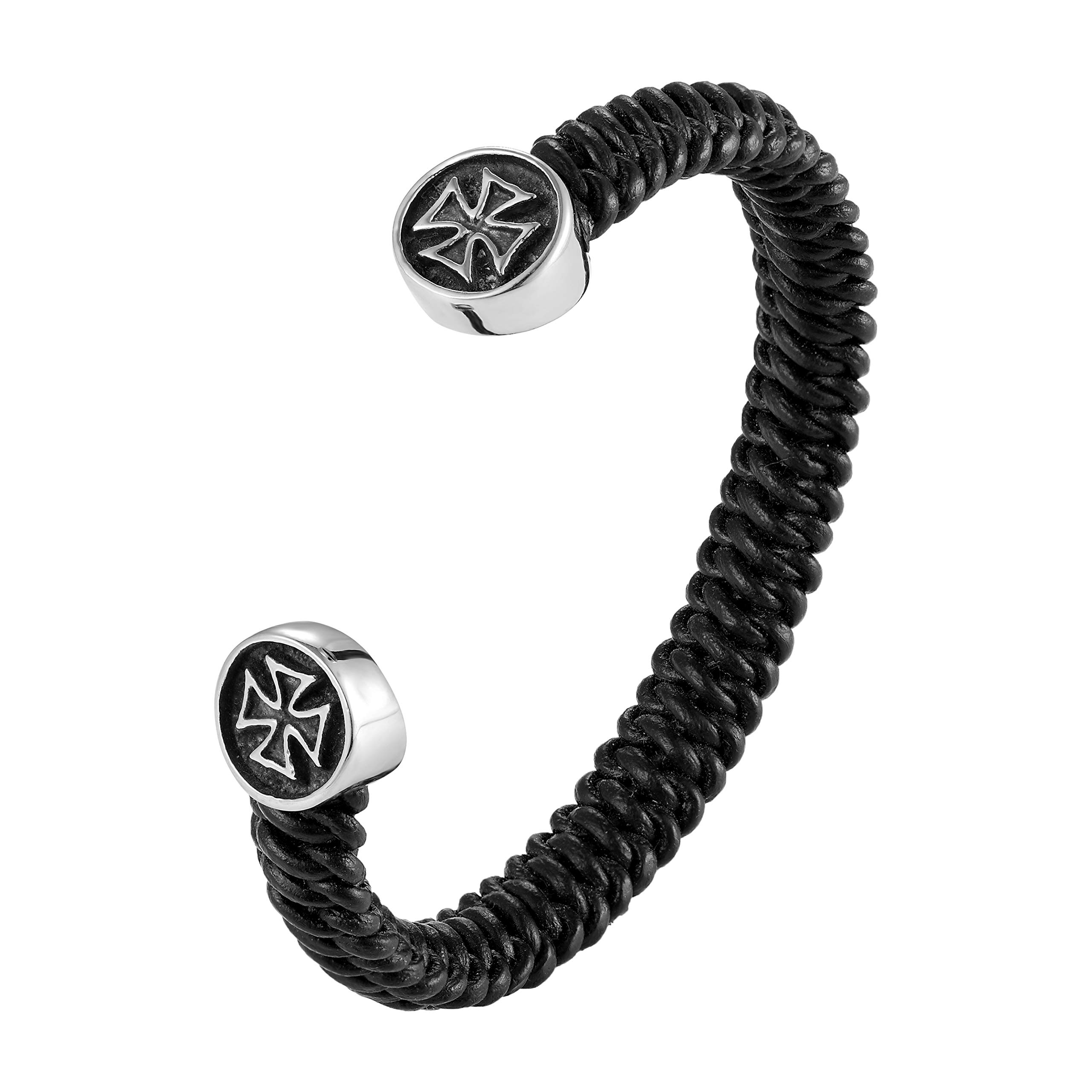 Stylish Men’s Bracelet – Bolnisi Cross Emblem in Black & Silver Color – Black Braided Rope Cord Band – Made of Genuine Leather & Rust Resistant Stainless Steel - Jewelry for Men