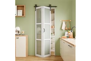 AINLARRY Paintable Frosted Glass Bi-Fold Sliding Barn Door, Pre-Assembled Solid Core Panel Bifold Barn Door with Hardware Kit Included, Water-Resistant Primed White Finish, Effective Sound Reduction, 36" x 84"