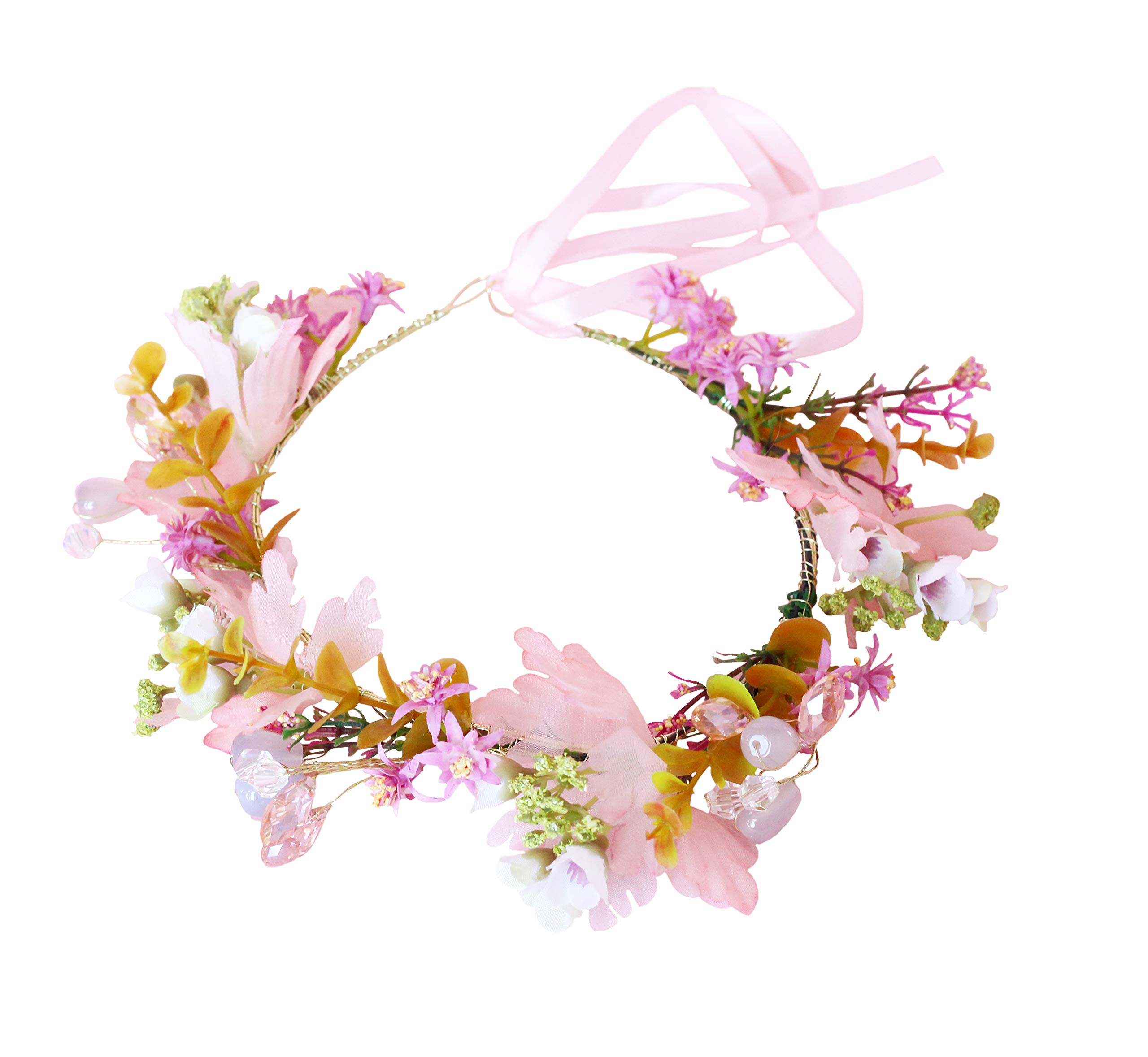 Brikuinr Floral Crown Wreath Pearl Flower Headband Hair Wreath Hair Garland Flower Halo Floral Headpiece with Ribbon Wedding Party Festival Pink — image 1