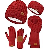 Women Winter Beanie Hat Scarf Gloves Headband Set, Fleece Lined Hat Ear Warmer Knit Long Scarf Touchscreen Gloves 4 Gift Set