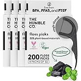 The Humble Co Dental Floss Picks for Teeth, 200 Count (Charcoal) - Single Thread Tooth Picks Flossers for Adults Gum Health - Plant-Based Toothpick Floss for Interdental Oral Care & Hygiene