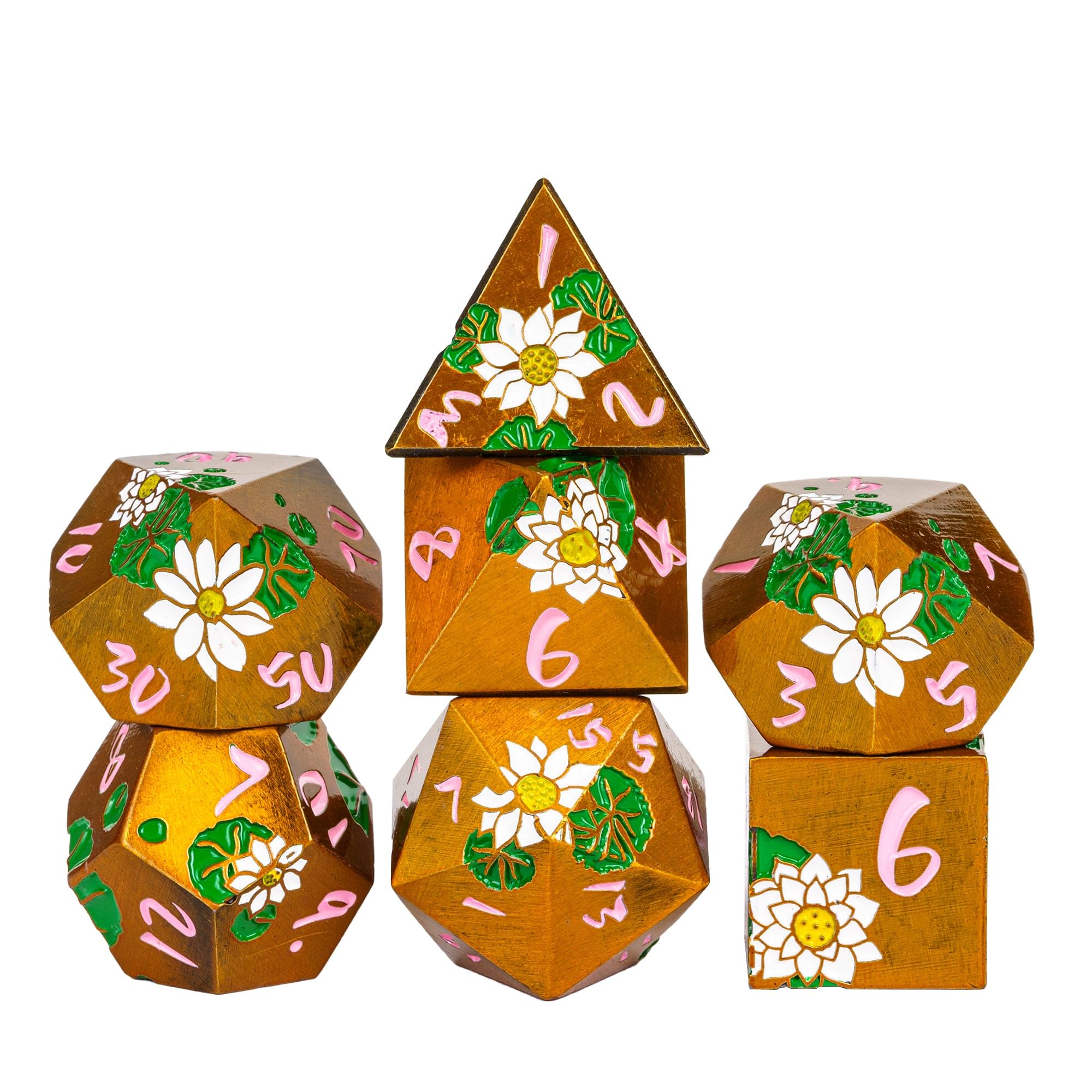 Cusdie 7-Die Lotus Metal DND Dice Set, D&D Metal Dice, Polyhedral Dice Set, for Role Playing Game Pathfinder(Ancient Gold w/Pink Numbers)