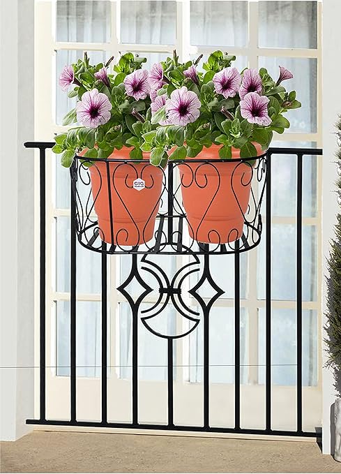 GIG Handicrafts Modern Style Iron Naturals-Balcony Railing Planter Plant Stand Basket Plant Holder Window Planter Oval Size (50 cm x 26 cm x 18 cm, Black)