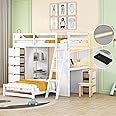 XD Designs Twin Over Twin Multifunctional Bunk Bed with Storage & Desk, LED Light & USB Ports, White, Pine Wood