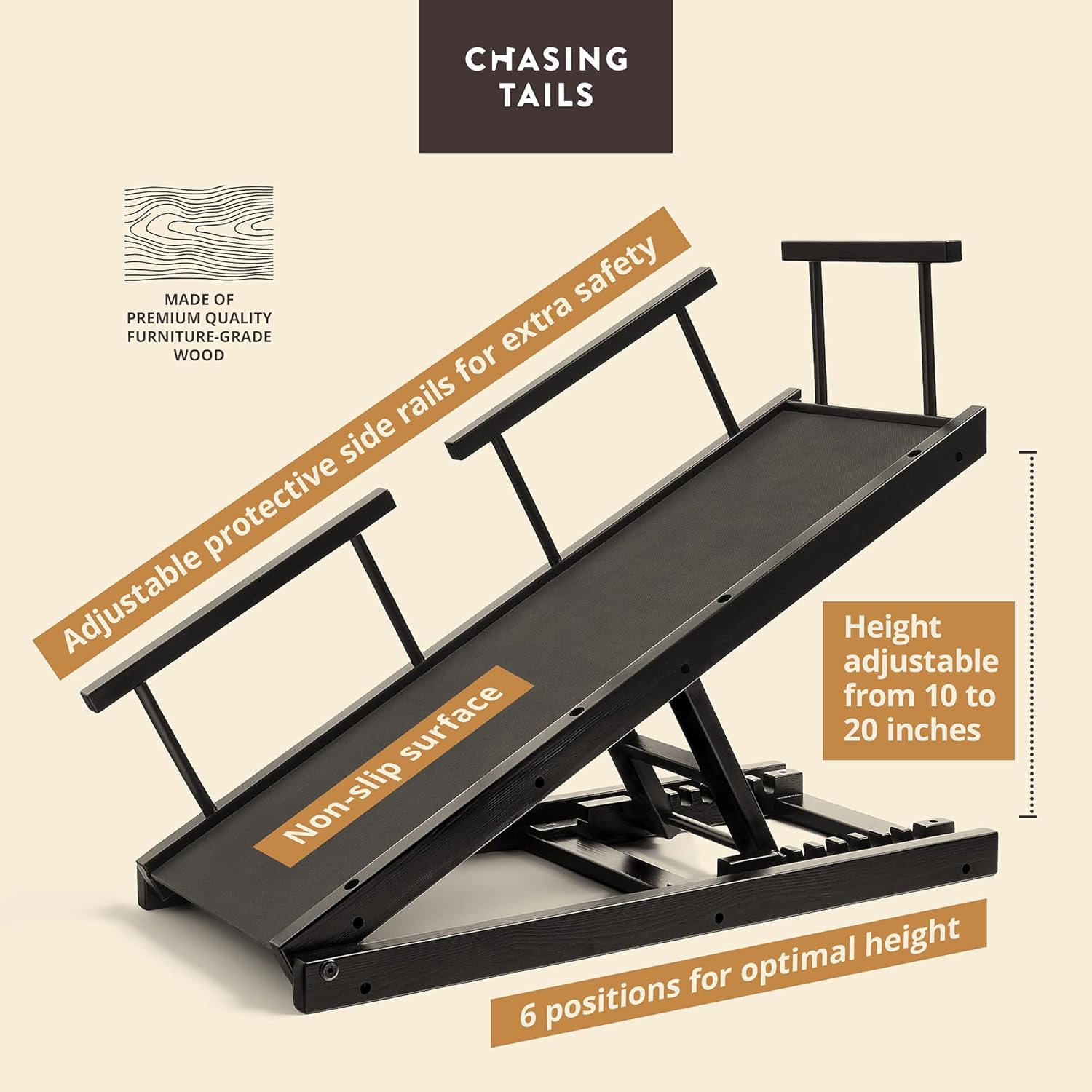 Chasing Tails Dog Ramp for Bed - Pet Ramp for Small/Large Dogs, Paw Ramp for Dogs and Cats, Adjustable Height from 10 to 20 Inches - Sturdy, with Side Rails for Additional Safety : Pet Supplies