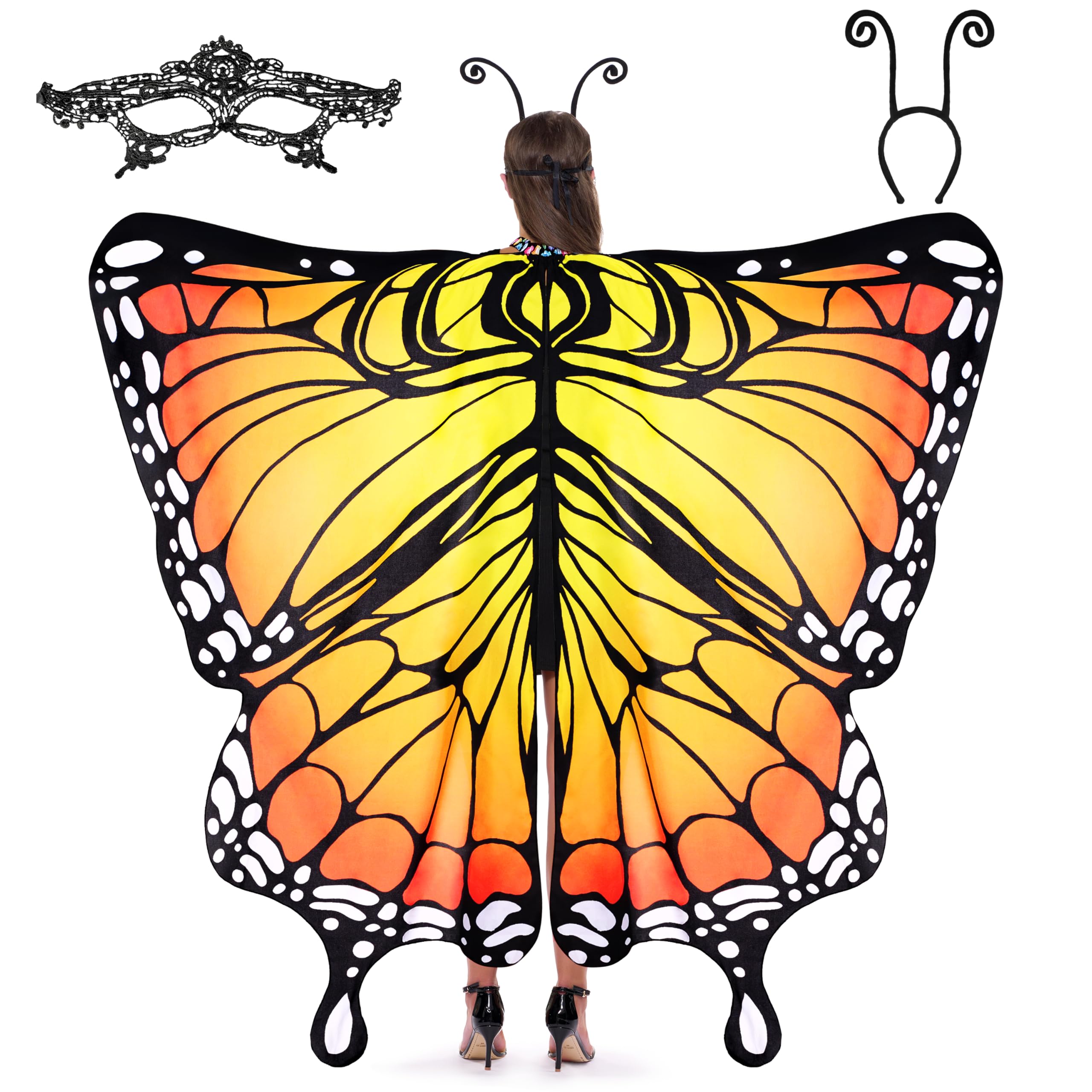Spooktacular Creations Butterfly Wing Cape Shawl with Lace Mask and Black Velvet Antenna Headband Adult Women Halloween Costume Accessory (Yellow)