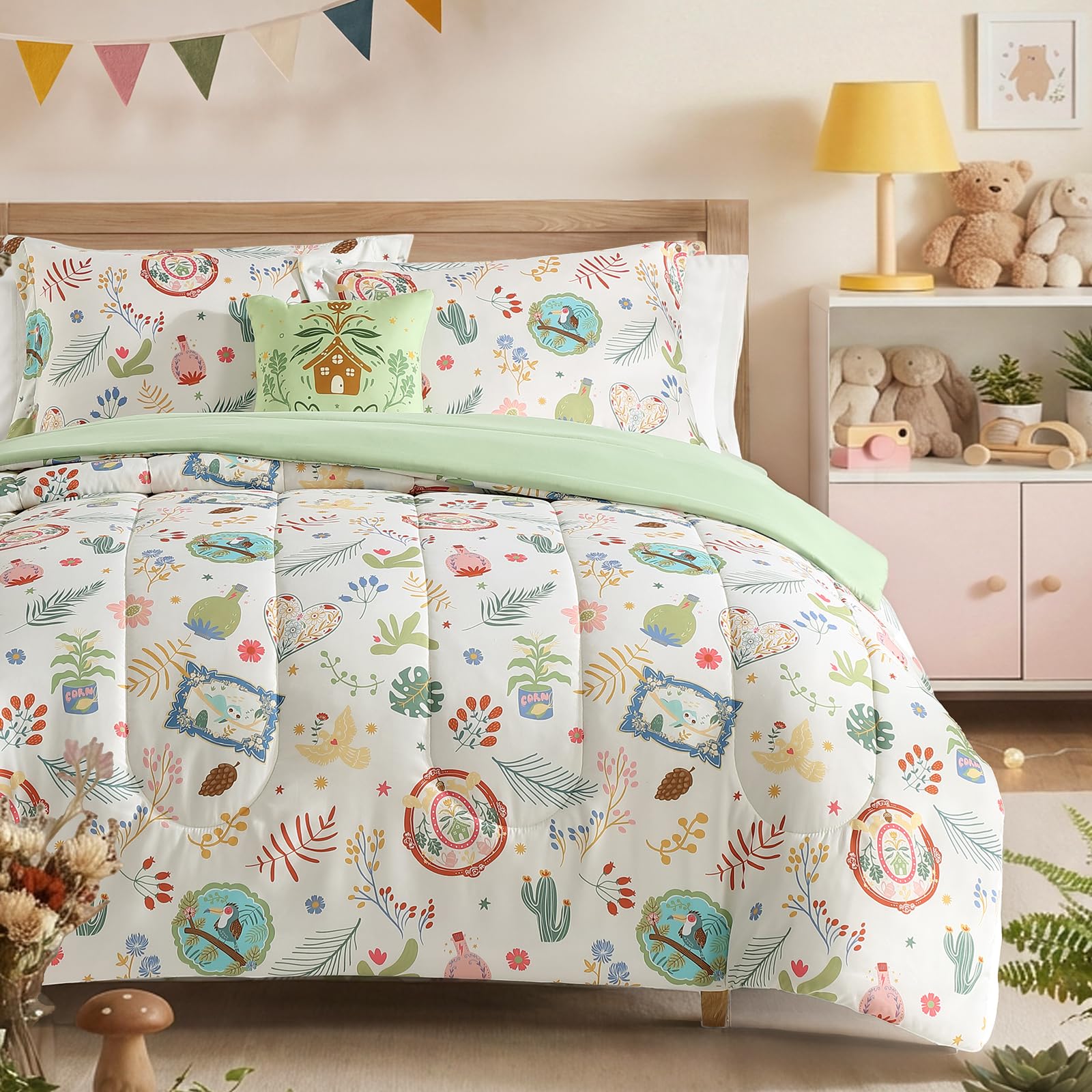Kaleido Space Twin Comforter Set for Girls-3 Pieces Forest Friends Twin Bedding Set with 1 Comforter, 1 Decor Pillow, 1 Pillow Sham