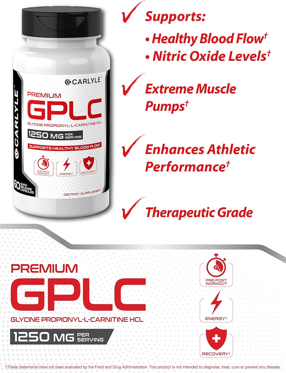 GPLC 1250 mg 60 Capsules | Non-GMO, Gluten Free | Glycine Propionyl-L-Carnitine HCL | Highest Potency Supplement | by Carlyle: Health & Personal Care